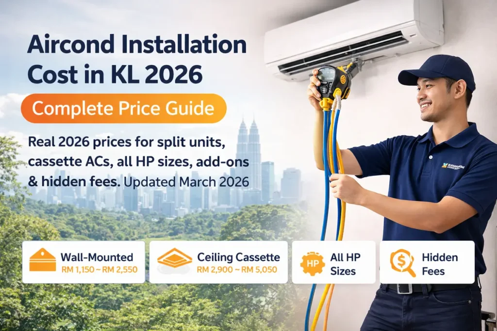 Aircond installation cost KL 2026 price guide with technician installing split air conditioner in Kuala Lumpur home