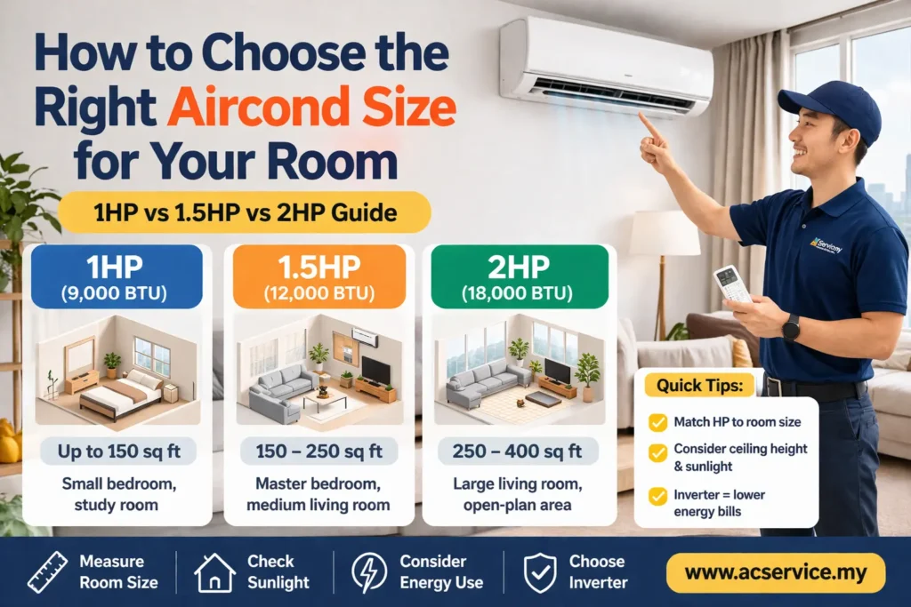 Aircond size for your room guide showing 1HP vs 1.5HP vs 2HP with technician in Malaysian home