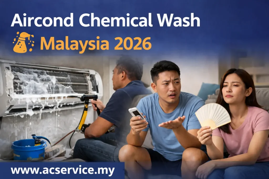 aircond chemical wash Malaysia service showing deep cleaning of aircon unit with chemical foam
