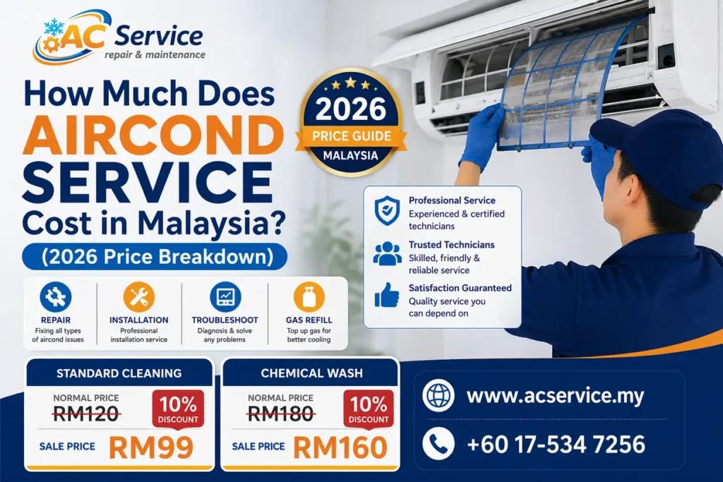 aircond service cost Malaysia 2026 price guide with standard cleaning RM99 and chemical wash RM160 discount offer by AC Service Malaysia