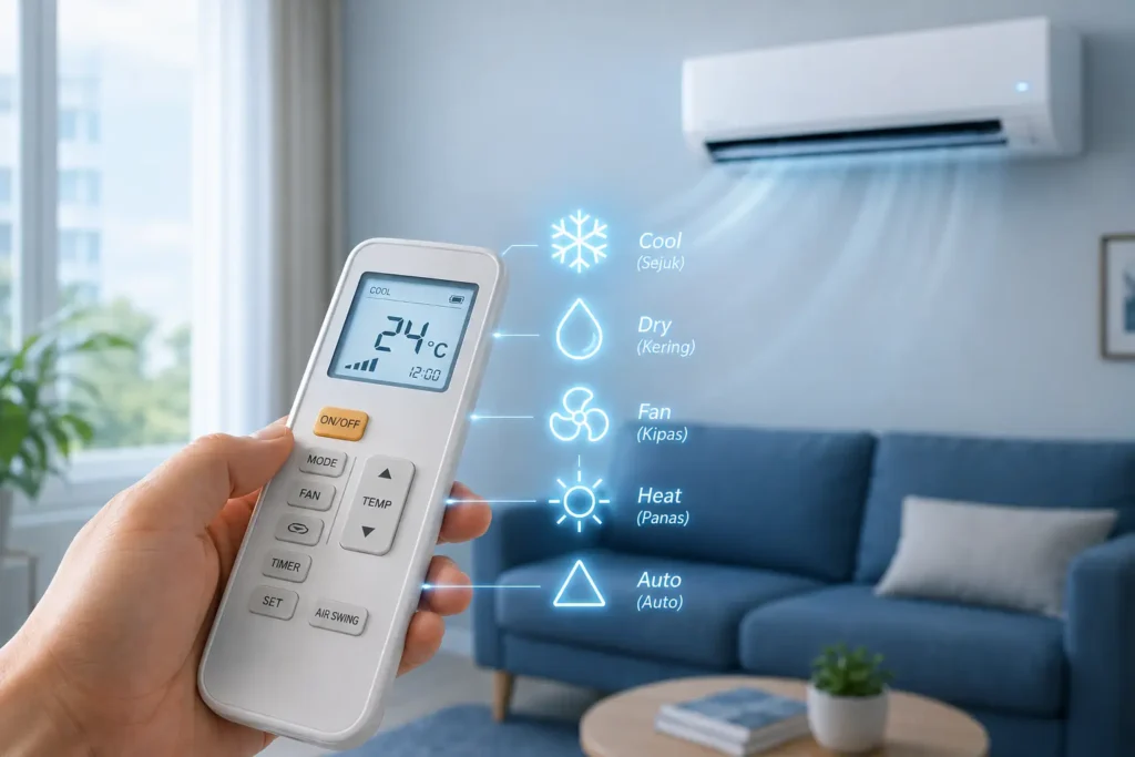 Maksud simbol remote aircond – Cool, Dry, Fan, Heat, Auto terapung sebagai hologram
