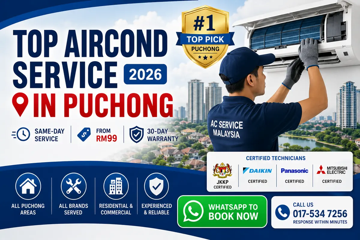 Certified technician performing aircond service in Puchong — cleaning a wall-mounted unit