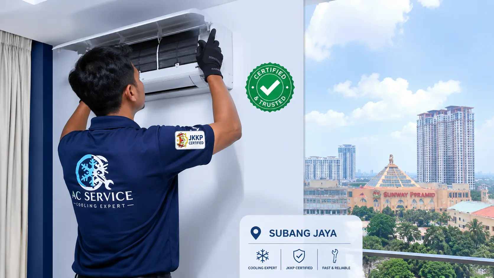 Top aircond service comparison in Subang Jaya with JKKP, Daikin, Panasonic certifications and Google rating.