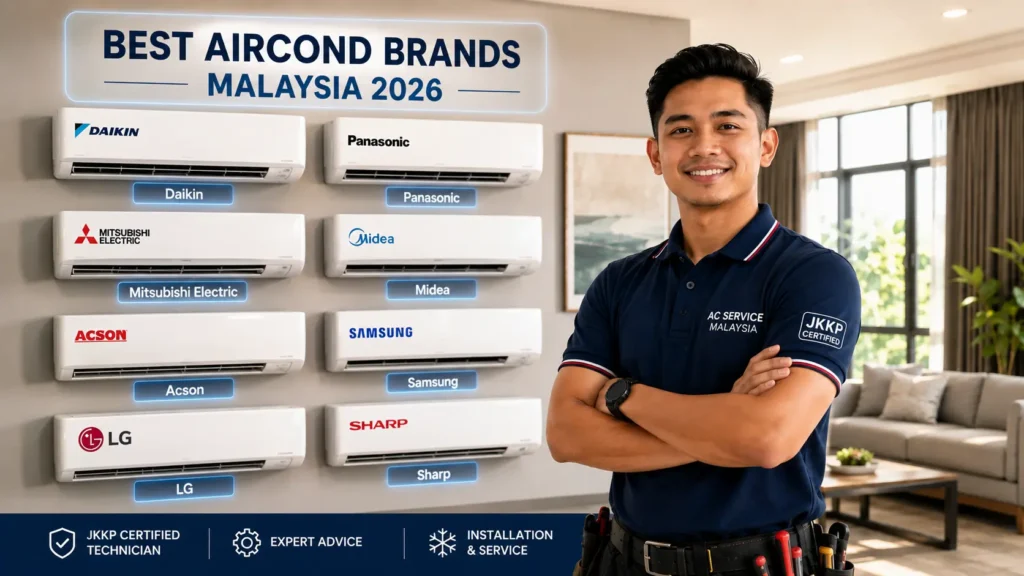Best aircond brands in Malaysia 2026 featuring Daikin, Panasonic, Mitsubishi Electric, Midea, Acson, Samsung, LG, and Sharp with a professional aircond technician.