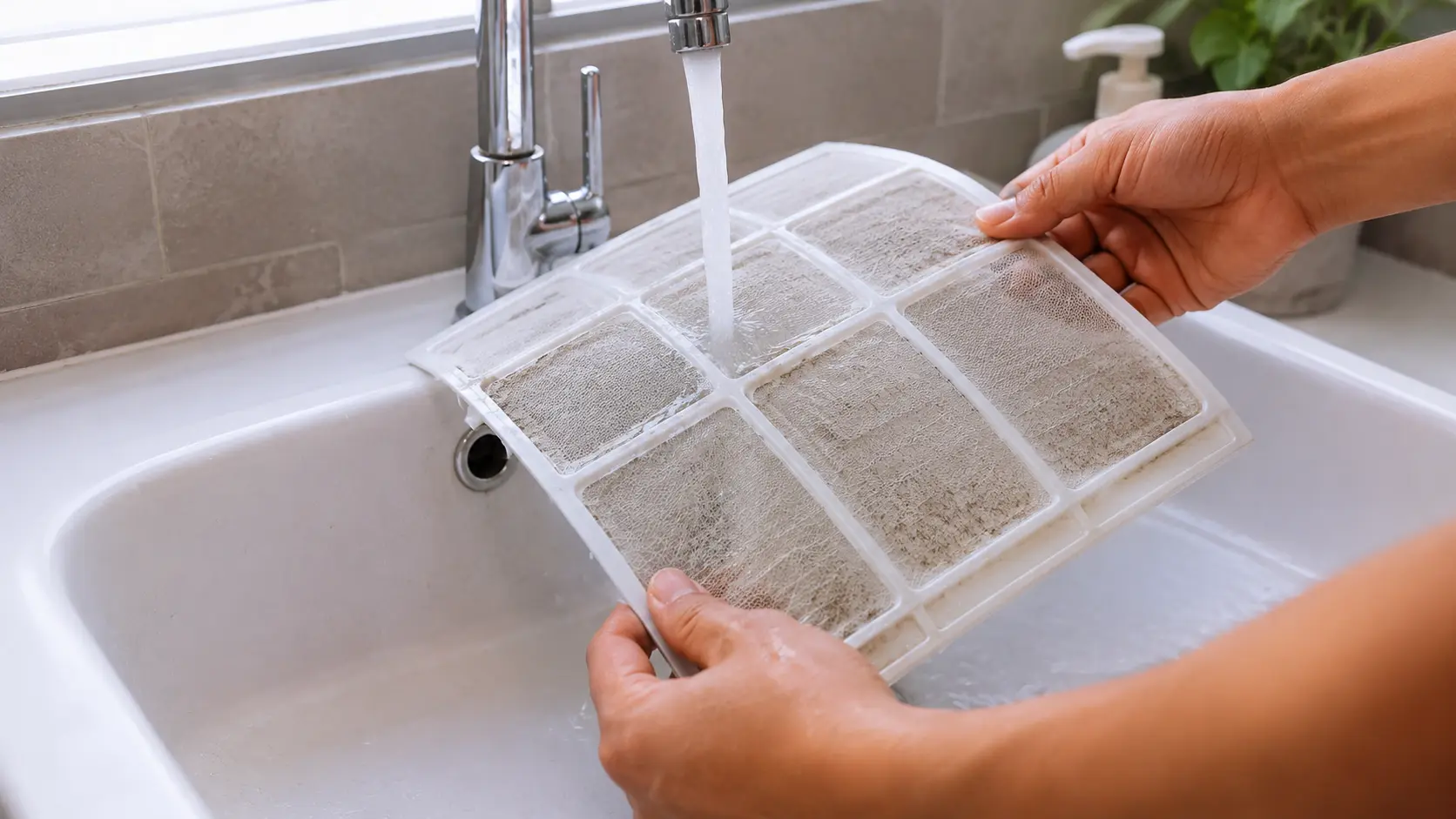 Person holding a white aircond filter under running water in a sink. Cleaning aircond filter DIY step in a Malaysian home bathroom.