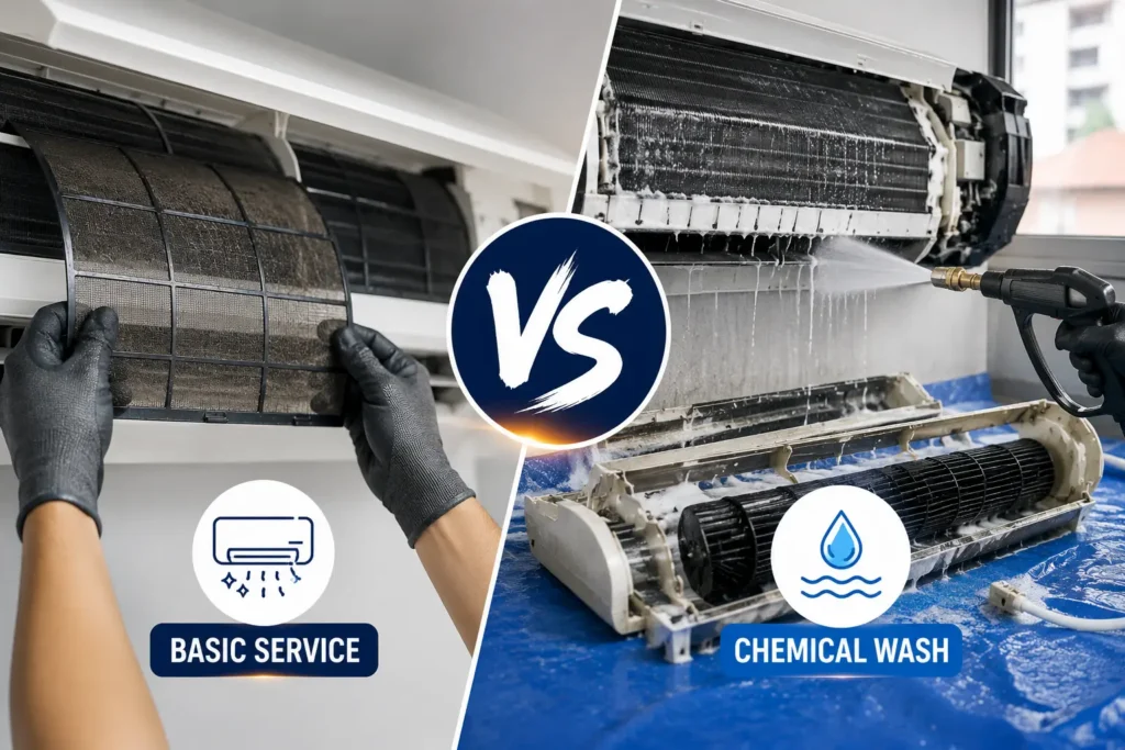 Comparison of aircond basic service and chemical wash showing filter cleaning and deep coil cleaning