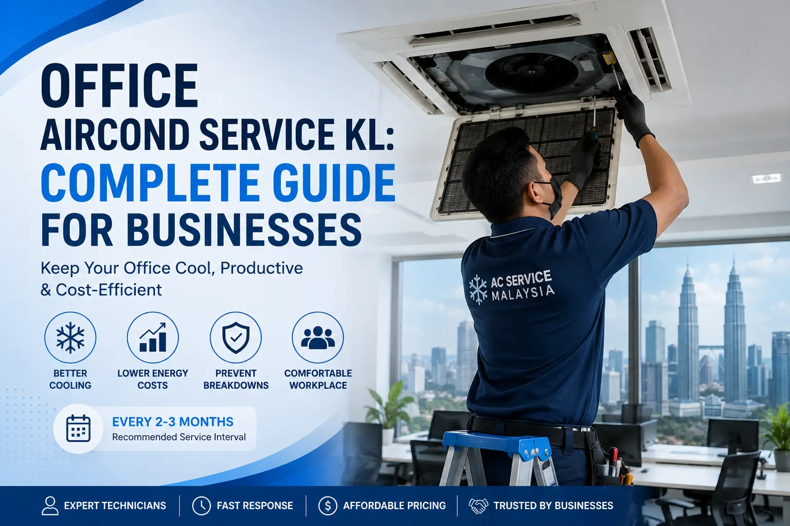 Office aircond technician servicing a ceiling cassette air conditioner in Kuala Lumpur commercial office 2026