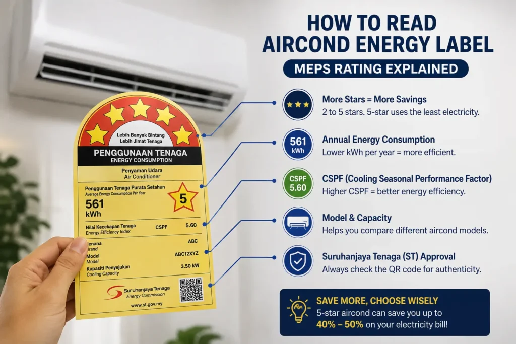 How to read an aircond energy label in Malaysia with star rating and kWh usage