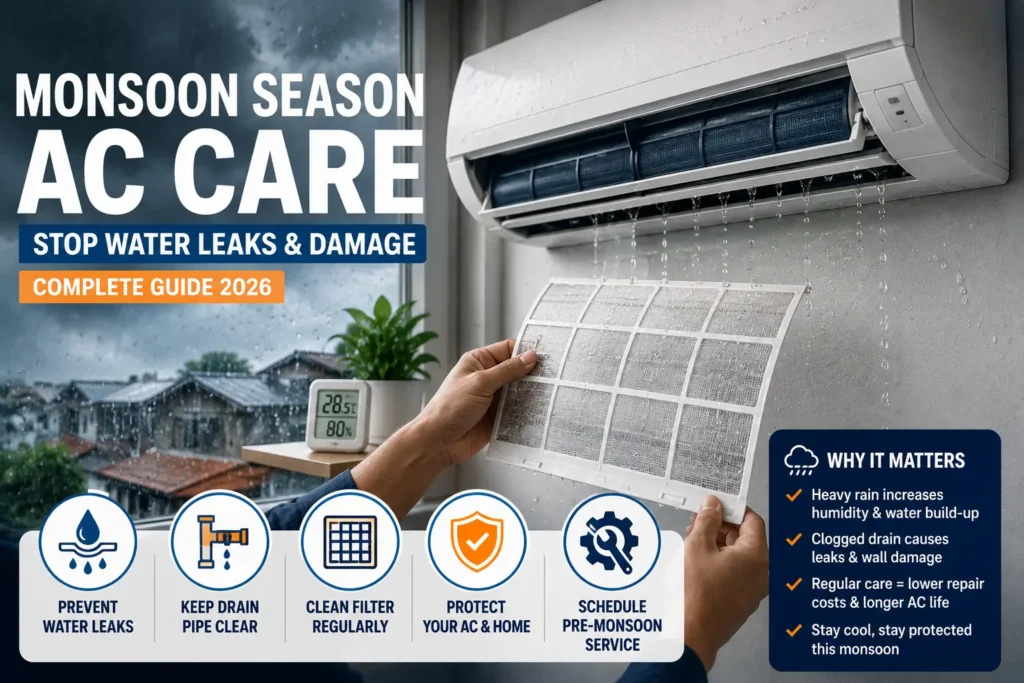 Monsoon season AC care in Malaysia showing aircond maintenance to prevent water leaks and damage
