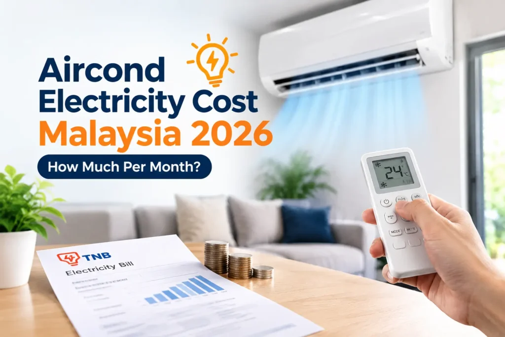 Aircond electricity cost Malaysia 2026 with TNB bill, coins and aircond remote set to 24°C