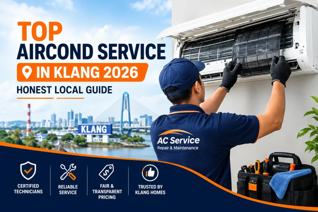 Top aircond service in Klang 2026 with technician cleaning a wall-mounted air conditioner