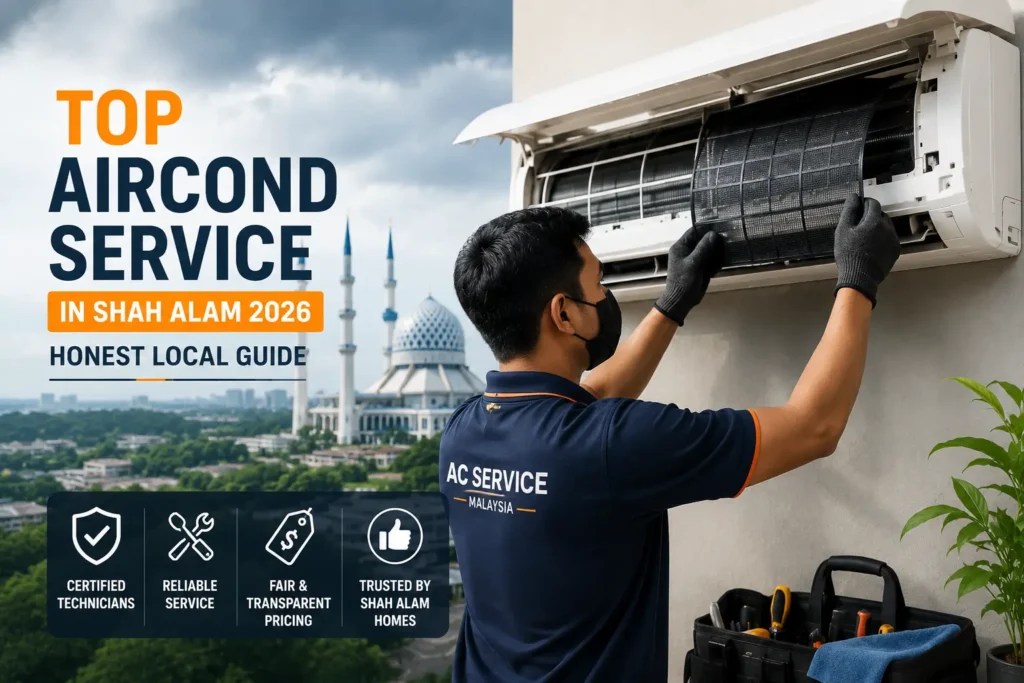 Professional aircond technician servicing a wall-mounted air conditioner in Shah Alam Malaysia