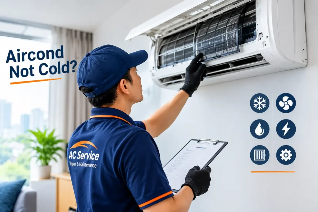 Aircond tak sejuk lepas servis dengan technician memeriksa unit split wall-mounted
